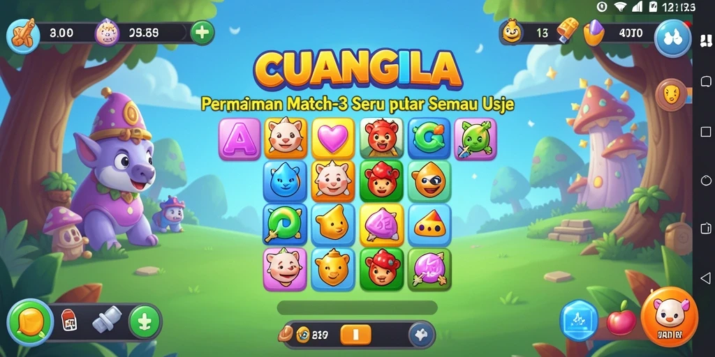 Tampilan gameplay CUANGILA yang menarik dengan elemen match-3 yang berwarna-warni.