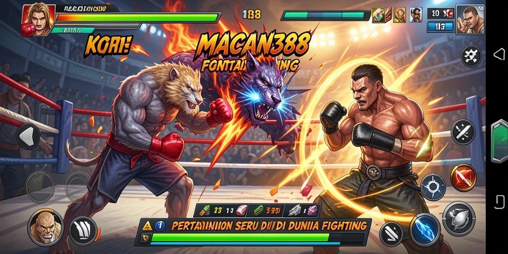 Screenshot menunjukkan pertarungan intens dalam game Fighting.