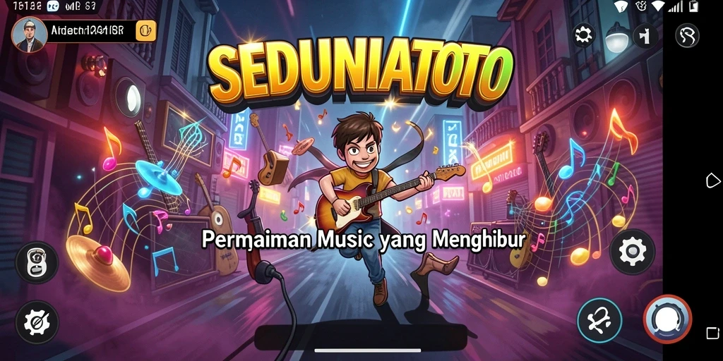 Tampilan gameplay SEDUNIATOTO dengan alat musik virtual yang menarik.