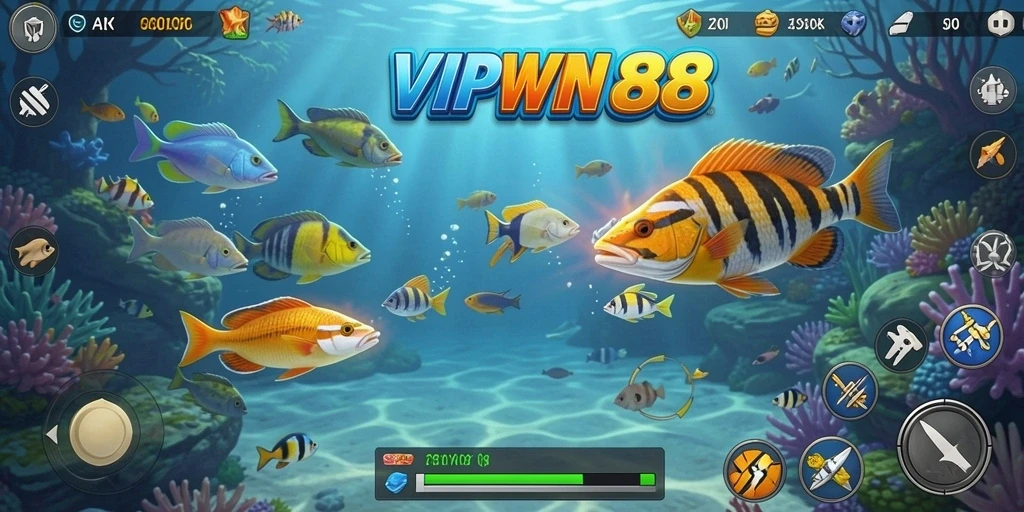 Tampilan gameplay seru dalam VIPWIN88 saat menembak ikan berwarna-warni.